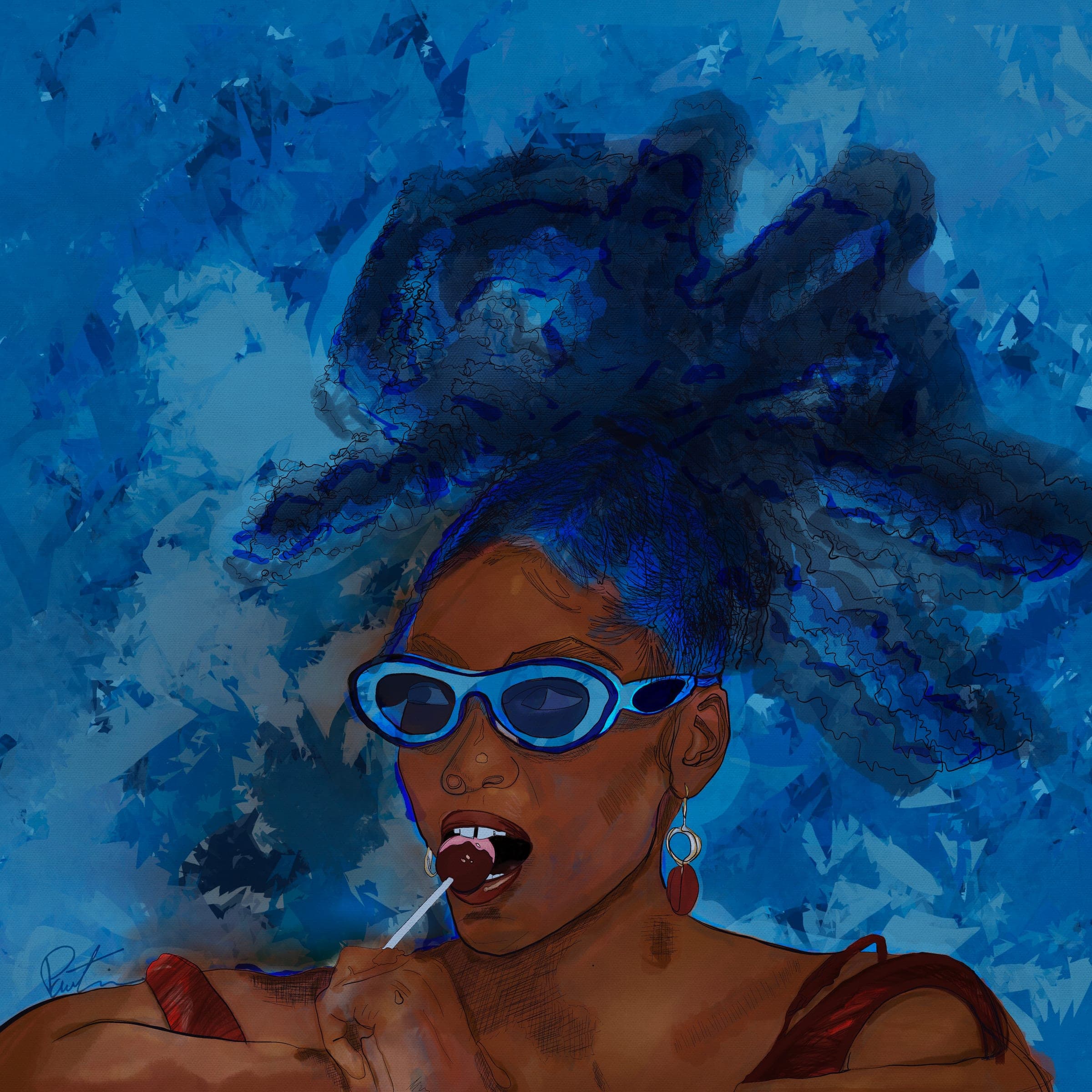 Woman with blue-splashed hair and blue sunglasses holding a lollipop, on a pale blue ground
