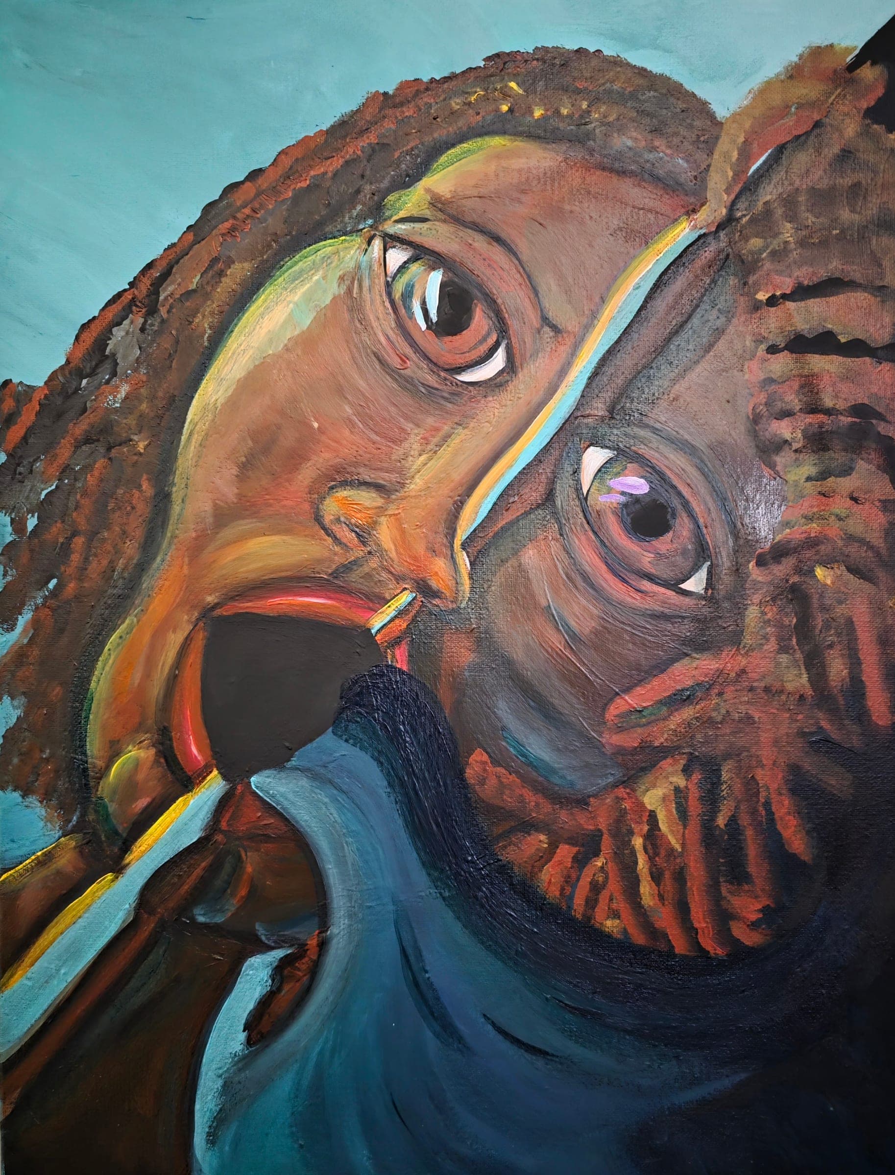 Two overlapping faces in warm browns and blues, eyes open, painted in loose strokes