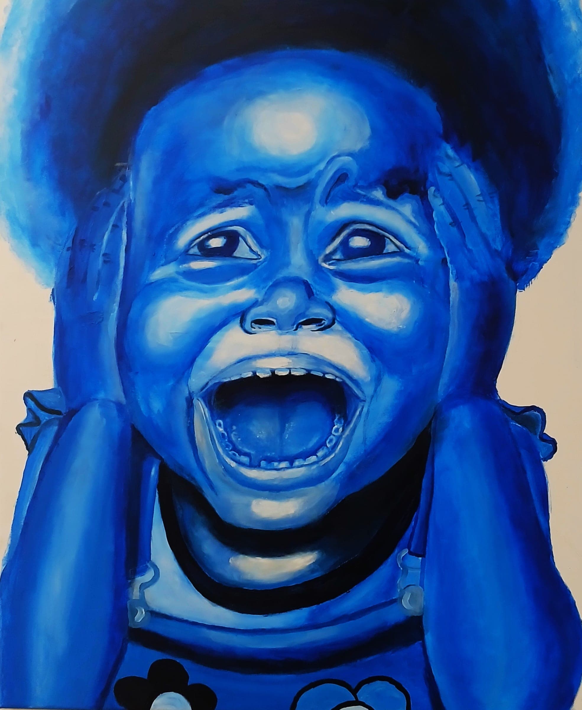 Portrait of a child in monochrome blue, mouth open in a shout, hands pressed to the sides of the head