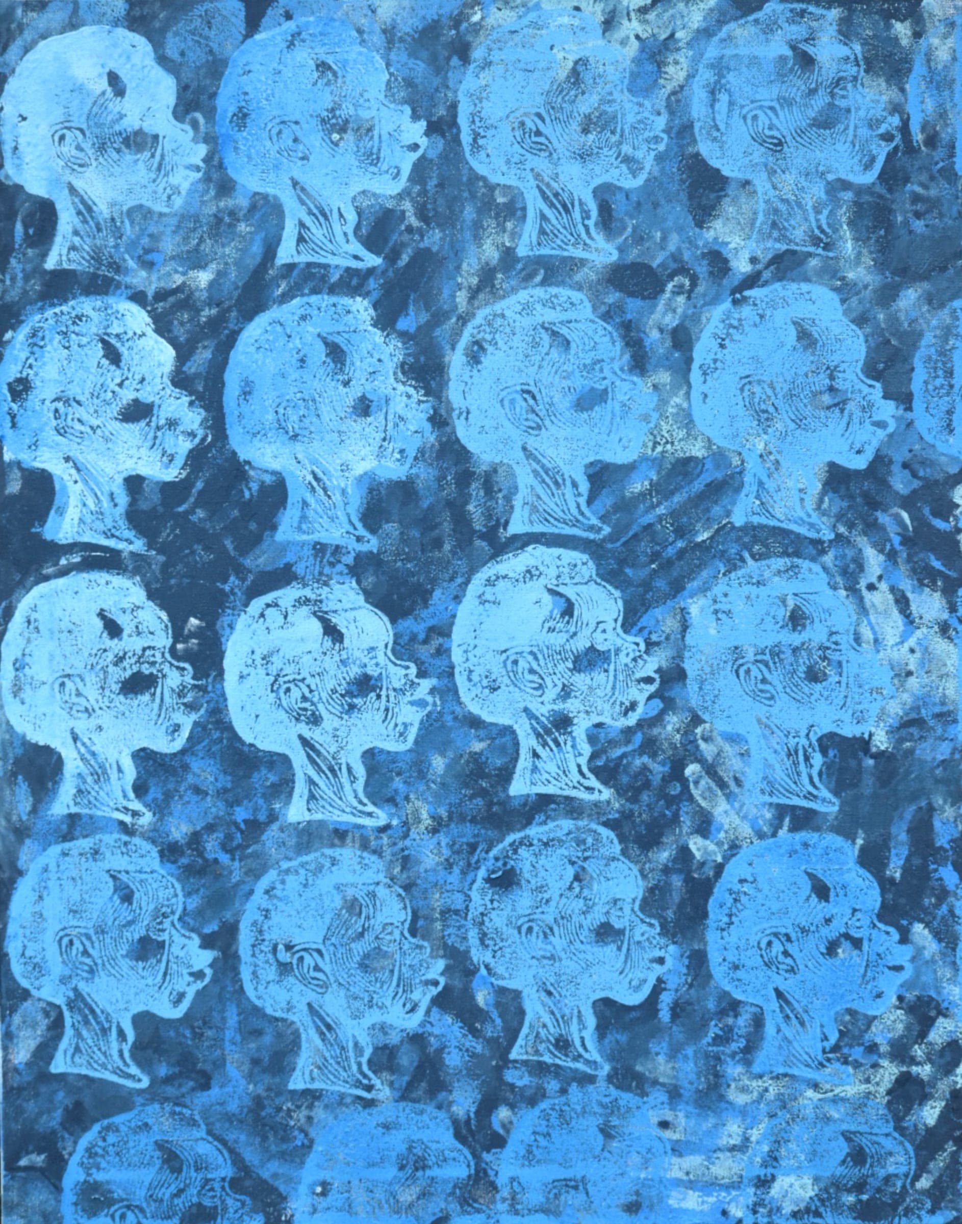 Repeated pale blue profile heads printed in rows over a mottled blue ground