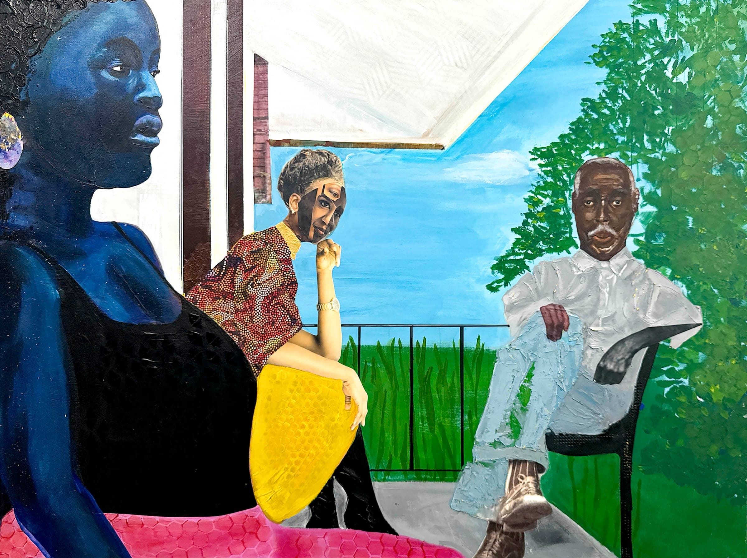 Three figures seated on a porch under a blue sky, one in a yellow dress