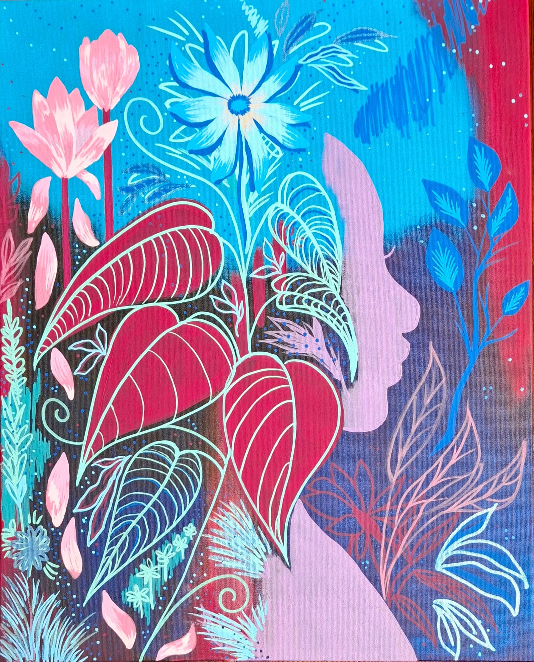 Profile of a face beside pink lotus flowers and red leaves against a blue ground