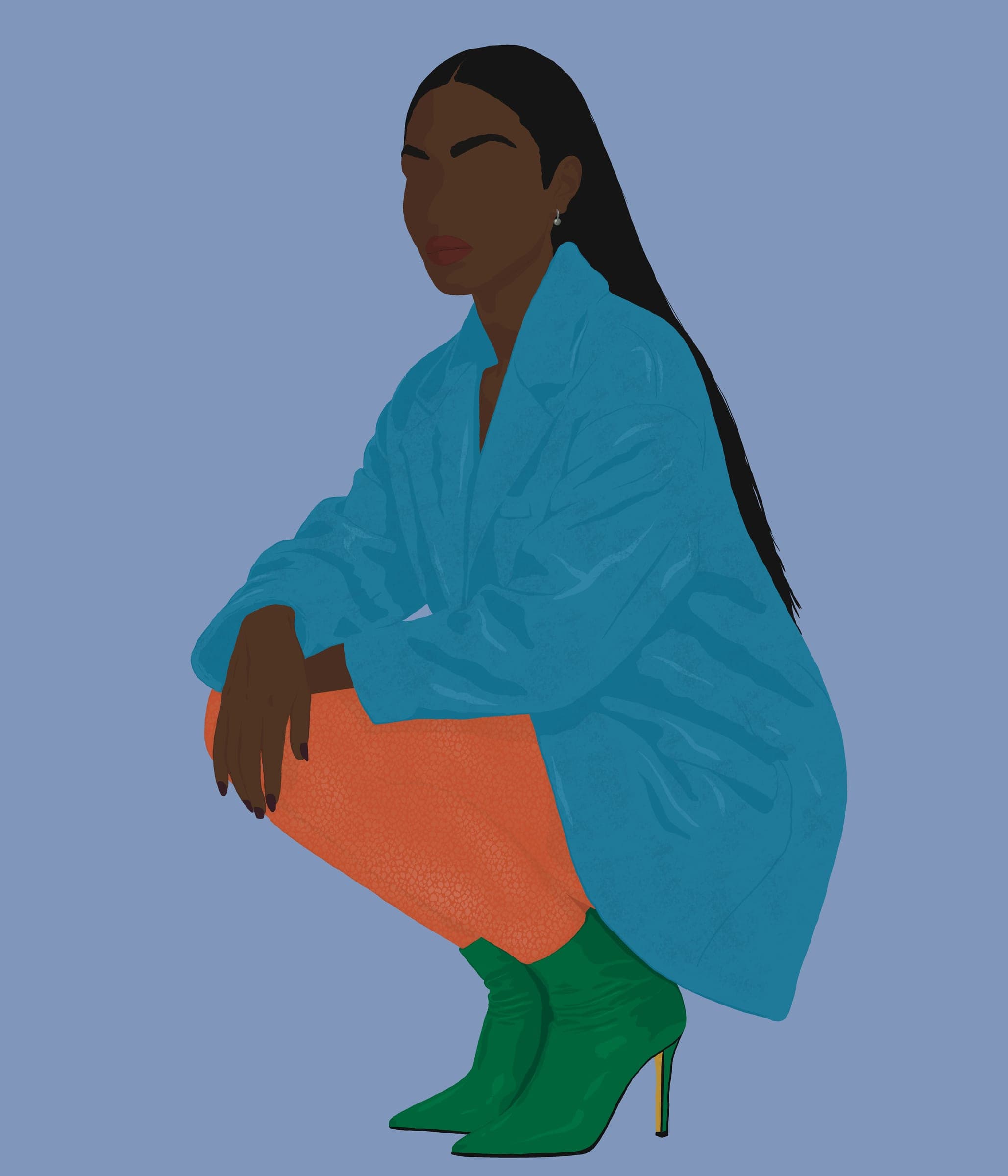 Stylized figure in a blue coat and green boots crouching against a lilac ground
