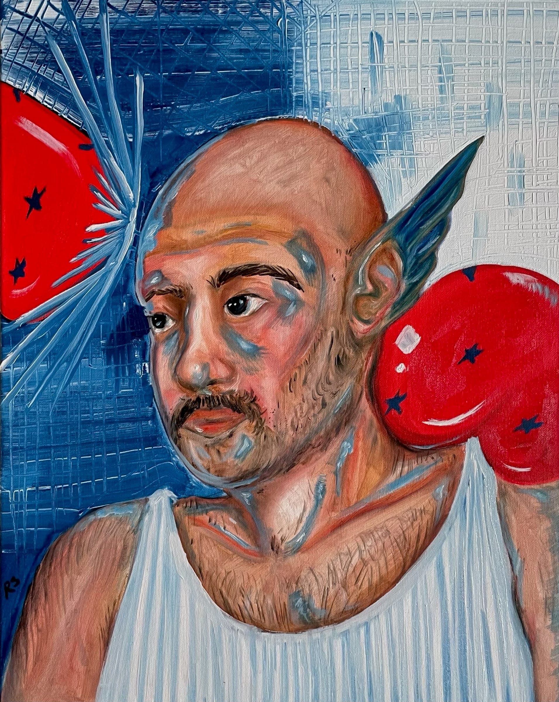 Portrait of a man in a white tank top with blue brushwork across his shoulders and red forms beside him
